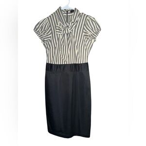 The Limited Black/Cream Stripped Fitted Midi Dress with Bow and Pockets, Size 2